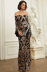 Elegante vestido formal de noche con hombros descubiertos y manga larga